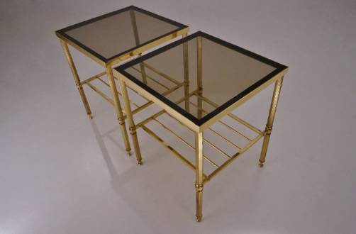 Maison Bagues large pair brass side tables with shelf, 1970`s French